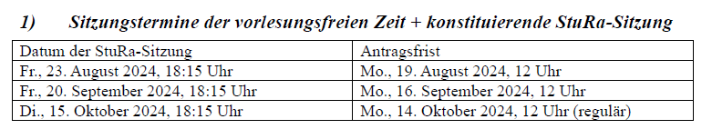 Termine für die StuRa-Sitzungen in der vorlesungsfreien Zeit