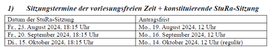 Termine für die StuRa-Sitzungen in der vorlesungsfreien Zeit